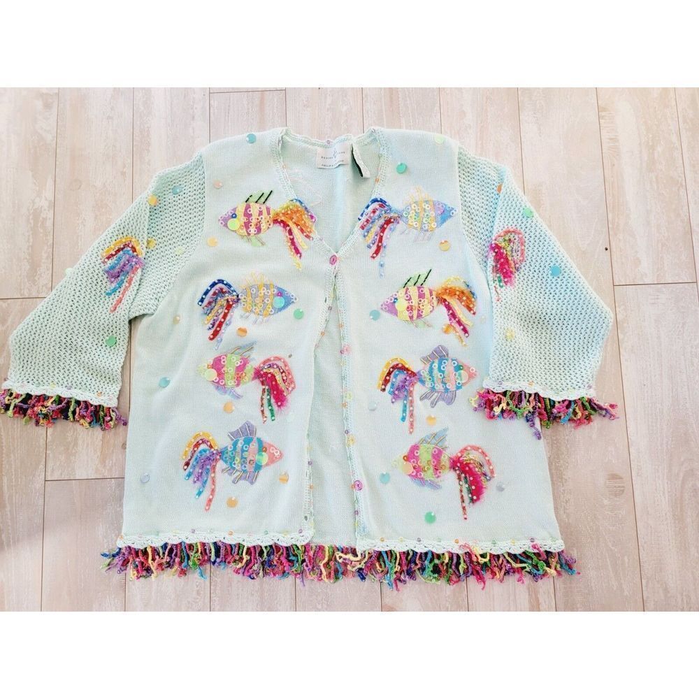Vintage Design Options Phillip & Jane‎ Gordon XXL Sweater Fish Life *Stains!!